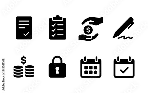 Collection of business and finance icons representing tasks, money, and security