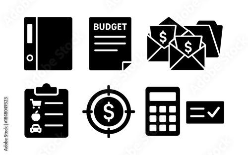 Financial planning icons for budgeting, saving, and expense tracking