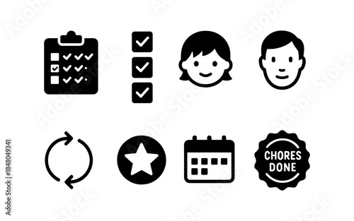 Collection of simple black icons representing tasks, people, and achievements