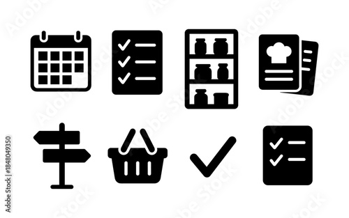 Collection of black icons representing planning, shopping, and organization tasks