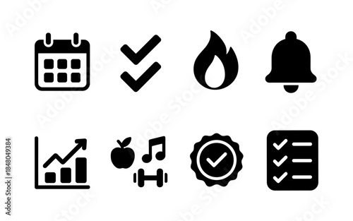 Collection of black icons representing tasks, goals, and achievements on a white background