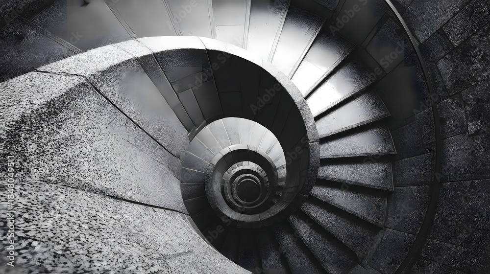 Fototapeta premium Monochromatic Spiral Staircase Descending into Darkness.