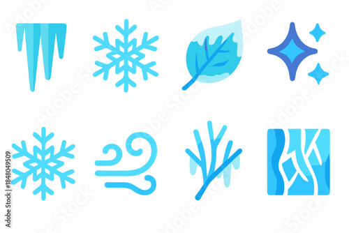 Frosted Winter Icons. Frosted Sparkle modern flat vector icons: icicle cluster, snow crystal, frozen leaf, sparkle, snowflake, cold mist, branch, ice pattern