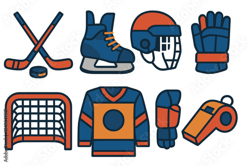 Geometric Snow Sports Icons. Snow Team Sports in geometric flat style: hockey sticks, puck, skates, helmet, gloves, goal net, jersey, whistle
