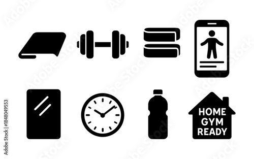 Home gym equipment icons including dumbbell, yoga mat, towels, and water bottle