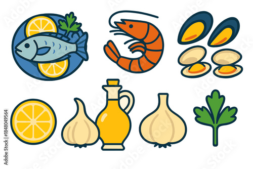 Italian Seafood Icons. Italian Seafood Feast modern flat vector icons: fish platter, shrimp, mussels, clams, lemon slice, garlic, olive oil bottle, parsley