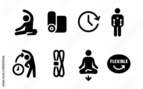Set of icons representing fitness, flexibility, and time management for workouts