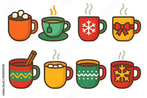 Festive Beverage Icons. Seasonal Cups modern flat vector icons: cocoa mug, tea cup, festive patterns, marshmallows, cinnamon stick, snowflake, steam, ribbon