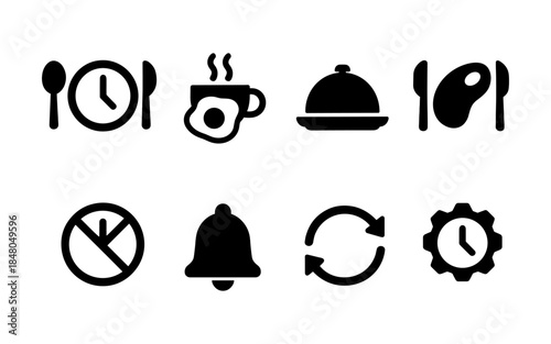 Collection of eight black icons representing food, time, and notifications