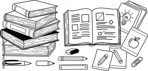 Stack of books open book and school supplies on transparent background