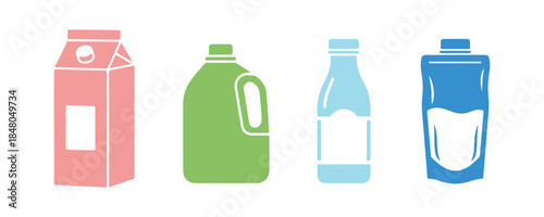 Colorful and simple packaging for liquid milk. Set of icons