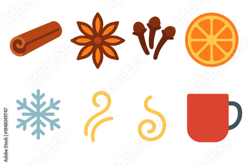 Winter Spice Icons. Winter Spice Blend modern flat vector icons: cinnamon stick, star anise, cloves, orange slice, nutmeg, snowflake, steam swirl, mug