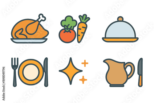 Festive Feast Icons. Holiday Dinner Spread modern flat vector icons: roast goose, vegetables, serving tray, gravy jug, plate, fork, knife, sparkle