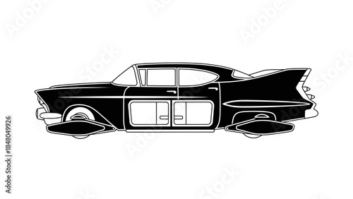 Retro futuristic flying car silhouette
