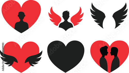 Heartwarming valentine s day illustration of a couple silhouetted within a winged heart white background