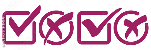 Check mark icon button set. Check box icon with right and wrong buttons and yes or no checkmark icons in green tick box and red cross. Isolated checkmark symbol, right and wrong sign concept. Icon.