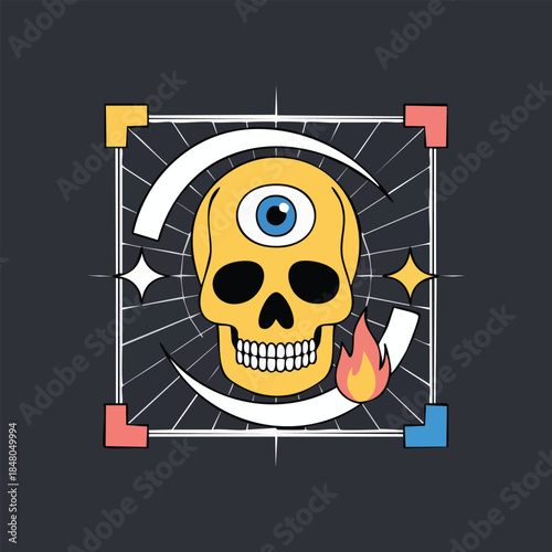 Cartoon Skull Icon with Yellow Color and One Blue Eye.