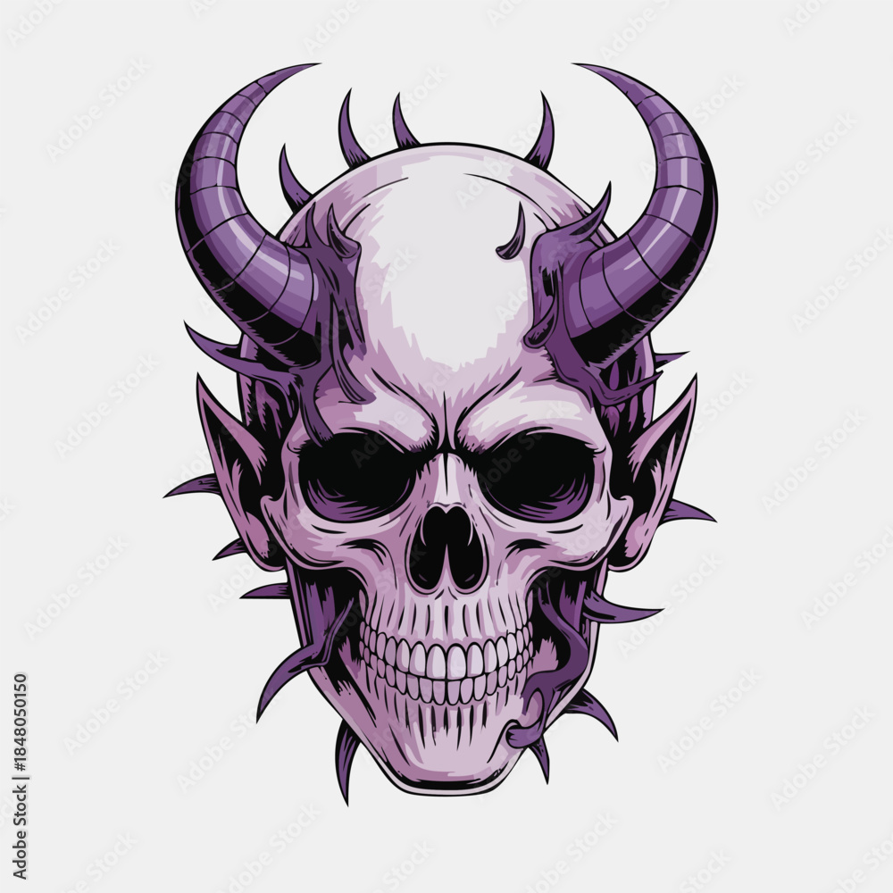 Fototapeta premium Demonic Skull Illustration with Purple Horns.