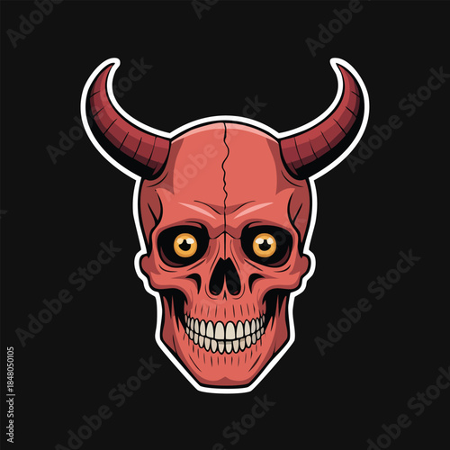 Demon skull illustration with red horns.