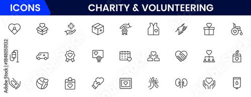 Volunteering and charity web icons in line style. Donate, donor, doctor, care, help, support, collection Vector illustration.