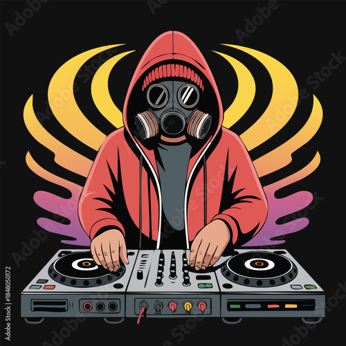 DJ wearing gas mask performing with mixer in hoodie.