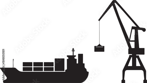 silhouettes of cargo ship and port crane vector art