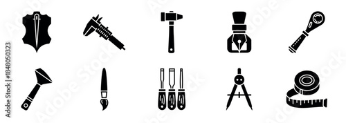 Set of black glyph icons representing various crafting and workshop tools for leatherworking, carpentry, and design, including a hammer, caliper, chisel, and compass
