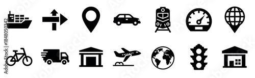 Collection of black silhouette transport icons representing logistics, delivery, and navigation, including a ship, truck, airplane, train, car, and various map pin symbols