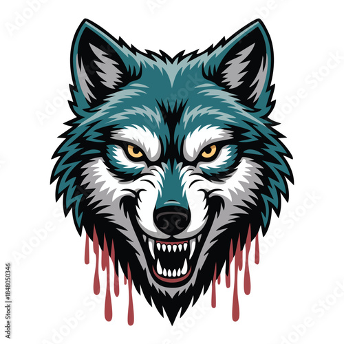 Graphic stylized wolf head with dripping blood.