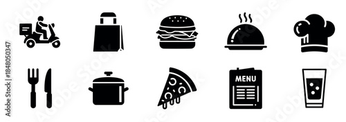Set of black food delivery icons including a scooter, hamburger, pizza, menu, and chef hat for restaurant and takeaway service concepts in a simple glyph style