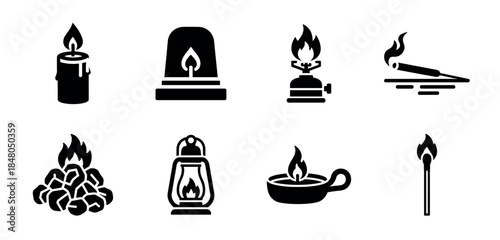 Set of eight black fire source icons in a simple glyph style including a candle, lantern, match, incense, charcoal, oil lamp, gas burner, and a warning light symbol