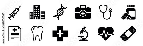 Black medical and healthcare vector icon set featuring a hospital, syringe, stethoscope, microscope, DNA helix, and first aid symbols in a simple, flat graphic design collection
