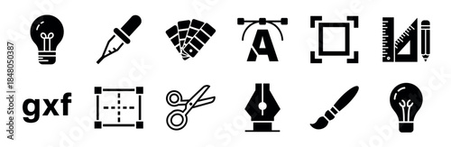 Set of black solid glyph icons for graphic design and digital art, featuring tools like a pen, brush, eyedropper, scissors, and symbols for creativity and typography