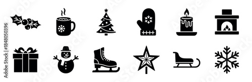 Set of black winter holiday icons featuring a Christmas tree, snowman, snowflake, gift, and other festive symbols in a clean minimalist glyph style for seasonal design