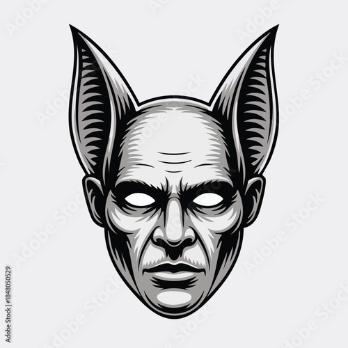 Menacing vampire head illustration with bat ears.