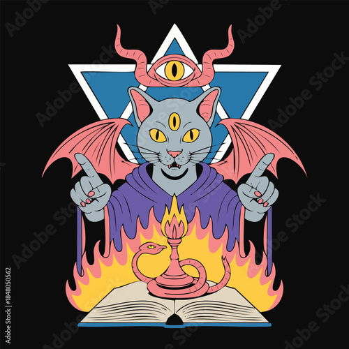 Φωτογραφία Mystical blue winged cat demon with third eye.
