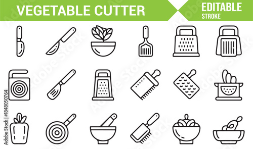 Clean line vegetable cutter and cookware symbols for food branding