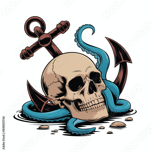 Skull Tattoo Illustration with Anchor and Tentacle.