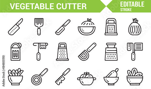 Editable vegetable cutter and kitchen utensil icons in outline vector style