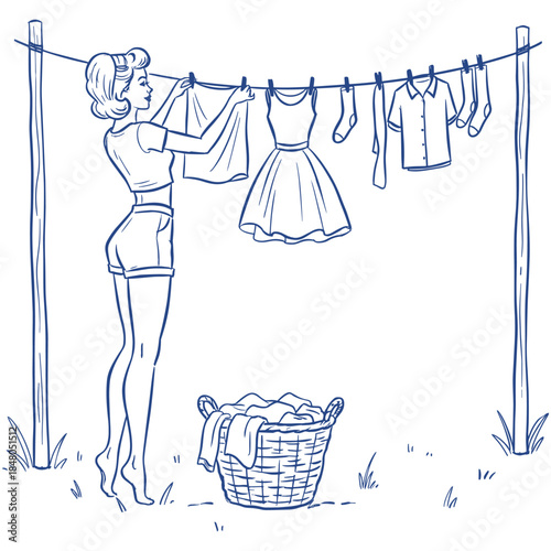 Retro girl hanging clothes.Pin up woman doing laundry.Vintage housewife vector.Hand drawn chore sketch.Woman at clothesline design