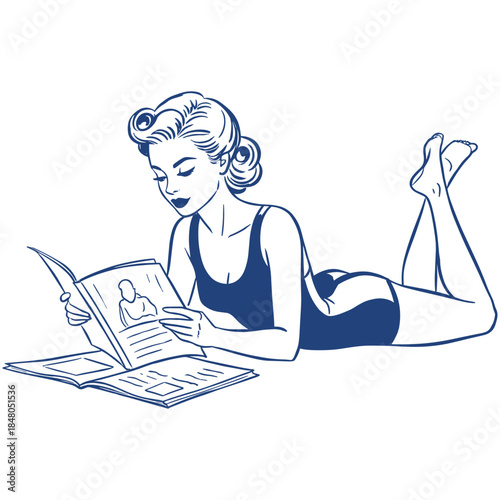Retro Woman Reading Magazine.Pin Up Girl in Swimsuit.Vintage Summer Relaxation.Beach Lifestyle Pinup Art.Classic Line Art Reader