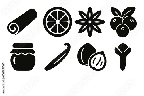 Bold Seasonal Icons. Seasonal Ingredients silhouette set: cinnamon stick, orange slice, star anise, cranberries, honey jar, vanilla pod, nuts, clove bud