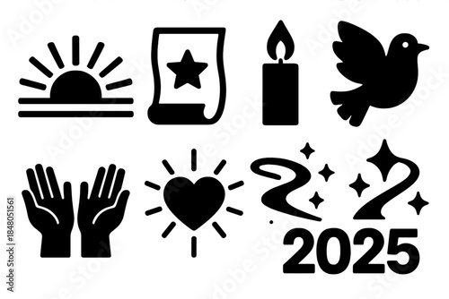 Joyful New Icons. Joyful New Beginnings silhouette set: sunrise, wish paper, open hands, candle flame, dove, glowing heart, sparkle path, number 2025
