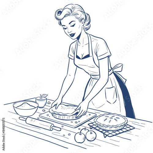 Retro housewife baking pie.Vintage pinup baking woman.Line art of pie maker.Woman preparing apple dessert.Classic baking illustration