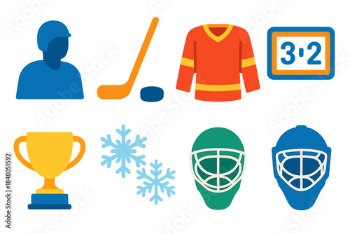 Hockey Icon Set. Winter Team Energy modern flat vector icons: player silhouette, hockey stick, puck, jersey, scoreboard, trophy, snowflakes, mask