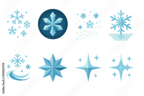 Geometric Snowflake Icons. Snowflake Wonders in geometric flat style: floating flakes, glowing crystal, snow dust, ice reflection, frost swirl, star, shimmer, snow sparkle
