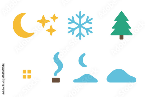 Winter Icon Set. Calm Winter Night modern flat vector icons: moon, stars, snowflake, pine tree, cabin, window light, smoke trail, snowdrift