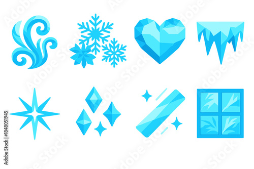 Vibrant Frost Icon Set. Crystal Glass Art modern flat vector icons: frost swirl, snowflake cluster, frozen heart, icy edge, starburst, frost shimmer, light beam, window view