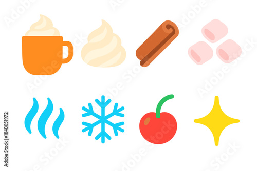 Vibrant Dessert Drinks Icons. Dessert Drink Set modern flat vector icons: mug, whipped cream swirl, cinnamon stick, marshmallows, steam, snowflake, cherry, sparkle