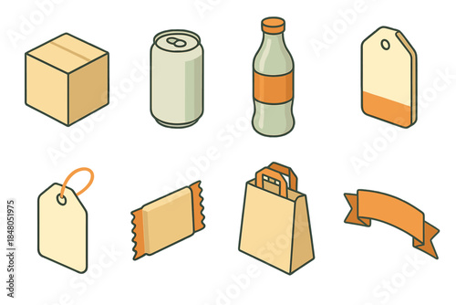 Modern Packaging Icons. Modern Package Design flat icons: box, can, bottle, label, tag, wrapper, bag, ribbon